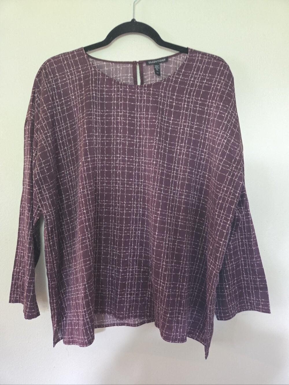 Eileen Fisher Purple Silk Geo Print Long Sleeved Blouse L